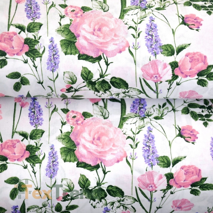 Baumwolle 100% Blumen Lavendel mit Rosen auf weißem Hintergrund