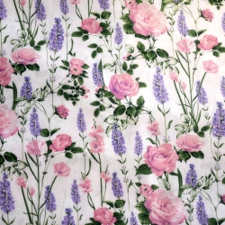 Baumwolle 100% Blumen Lavendel mit Rosen auf weißem Hintergrund