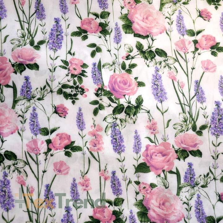 Baumwolle 100% Blumen Lavendel mit Rosen auf weißem Hintergrund