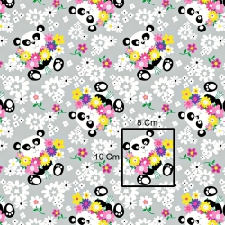 Baumwolle 100% Pandas mit Blumen auf grauem Hintergrund  