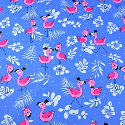 Baumwolle 100% neue rosa Flamingos mit Blättern auf blauem Hintergrund  