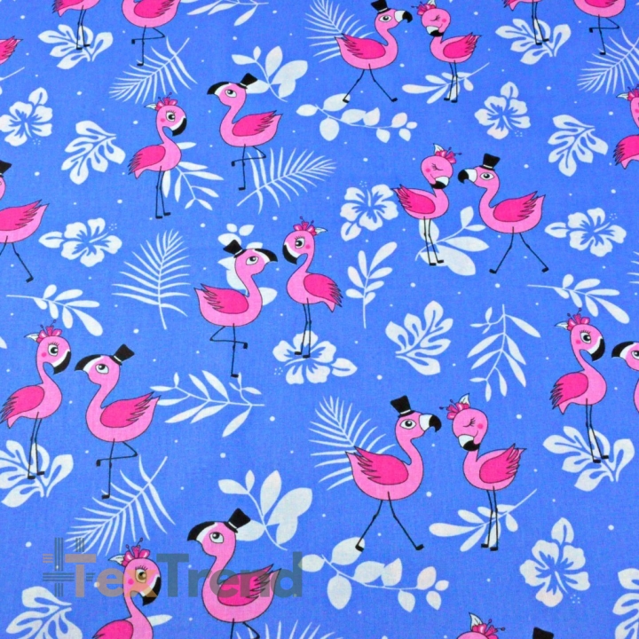 Baumwolle 100% neue rosa Flamingos mit Blättern auf blauem Hintergrund  