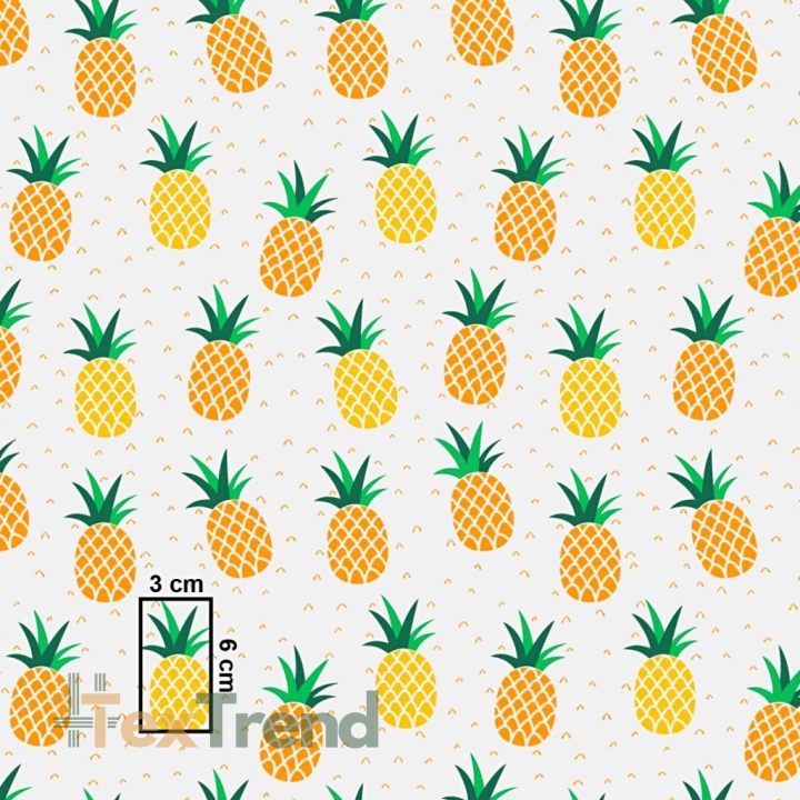 Baumwolle 100% Ananas gelb-orange auf weißem Hintergrund  