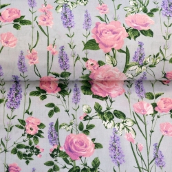 Baumwolle 100% Blumen Lavendel mit Rosen auf grauem Hintergrund  