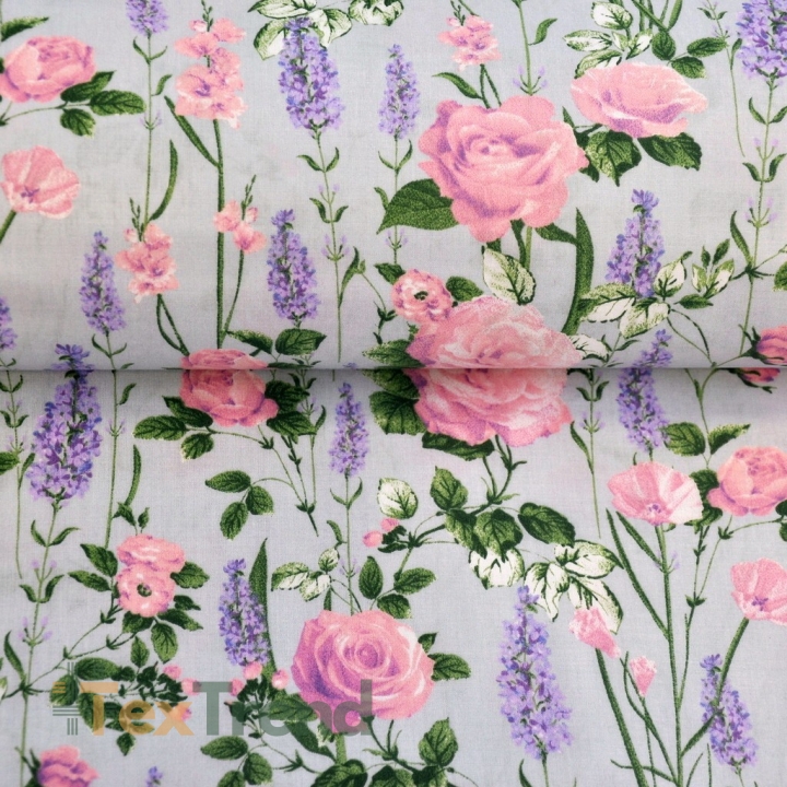 Baumwolle 100% Blumen Lavendel mit Rosen auf grauem Hintergrund  