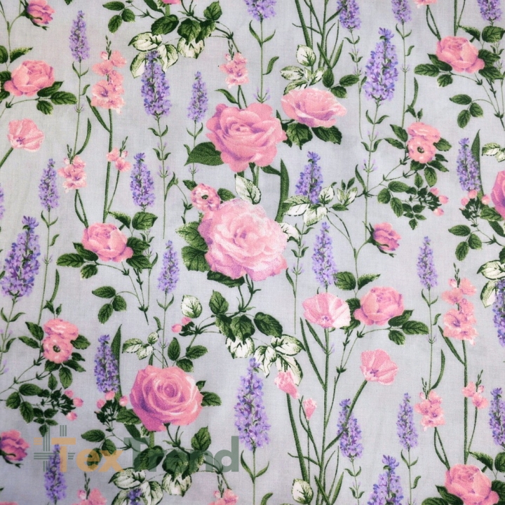Baumwolle 100% Blumen Lavendel mit Rosen auf grauem Hintergrund  