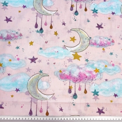 Baumwolle 100% goldene Monde mit Wolken auf rosa Hintergrund  