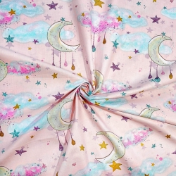 Baumwolle 100% goldene Monde mit Wolken auf rosa Hintergrund  