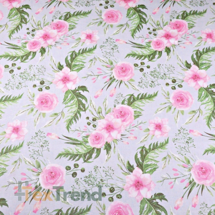 Baumwolle 100% Eustoma Blumen rosa auf hellgrauem Hintergrund  