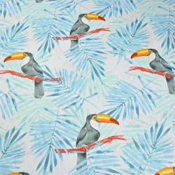 Baumwolle 100% Tukane mit blau-mintfarbenen Palmenblättern auf weißem Hintergrund  