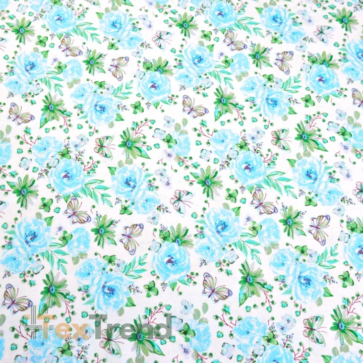 Baumwolle 100% Blumen mit Schmetterlingen blau-grün auf weißem Hintergrund  
