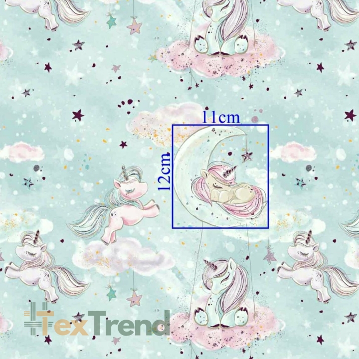 Baumwolle 100% goldene Einhörner mit Wolken auf mintfarbenem Hintergrund  
