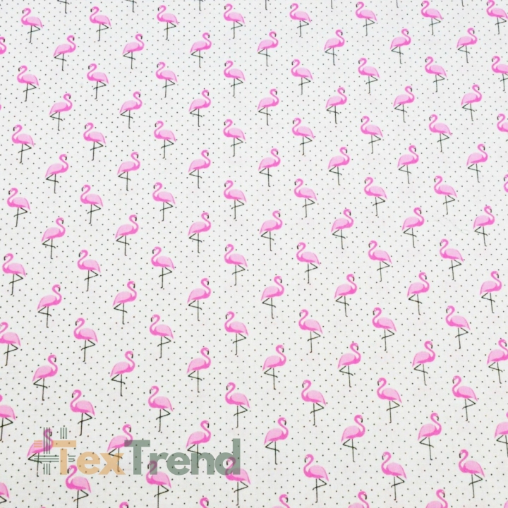 Baumwolle 100% MINI Flamingos mit schwarzen Punkten auf weißem Hintergrund  