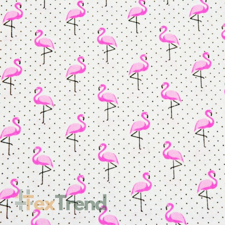 Baumwolle 100% MINI Flamingos mit schwarzen Punkten auf weißem Hintergrund  