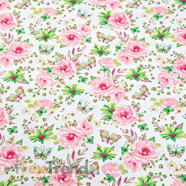 Baumwolle 100% Blumen mit Schmetterlingen rosa-grün auf weißem Hintergrund  