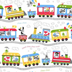 Baumwolle 100% Lokomotive mit Tieren auf weißem Hintergrund  