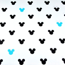 Baumwolle 100% MIKI schwarz-türkis auf weißem Hintergrund  