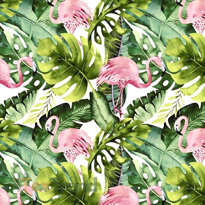 Baumwolle 100% Flamingos in Monstera-Blättern auf weißem Hintergrund  