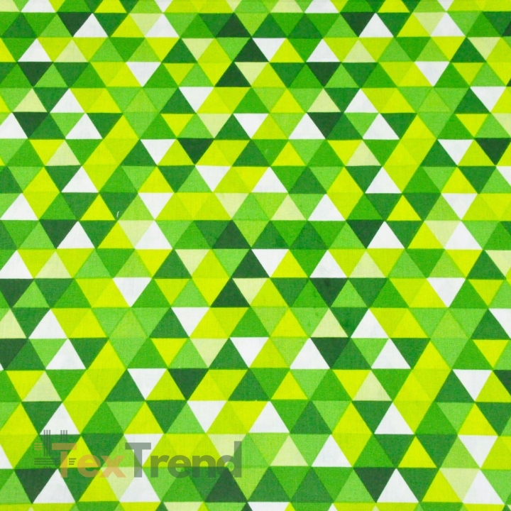 Baumwolle 100% kleine bunte grün-limettenfarbene Dreiecke auf weißem Hintergrund  