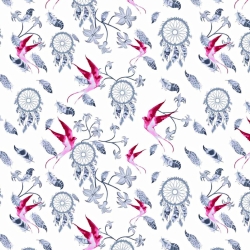 Baumwolle 100% Traumfänger grau mit rosa Schwalbe auf weißem Hintergrund  