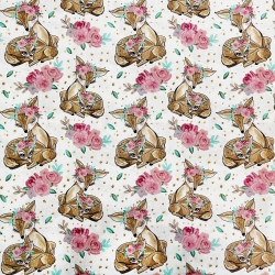 Baumwolle 100% Rehkitze in Rosen auf weißem Hintergrund  