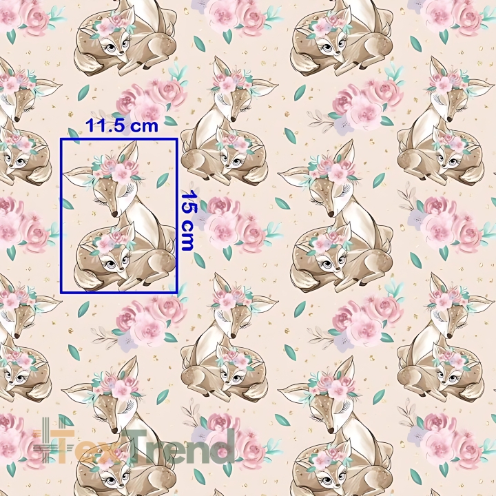 Baumwolle 100% Rehkitze in Rosen auf beigem Hintergrund  