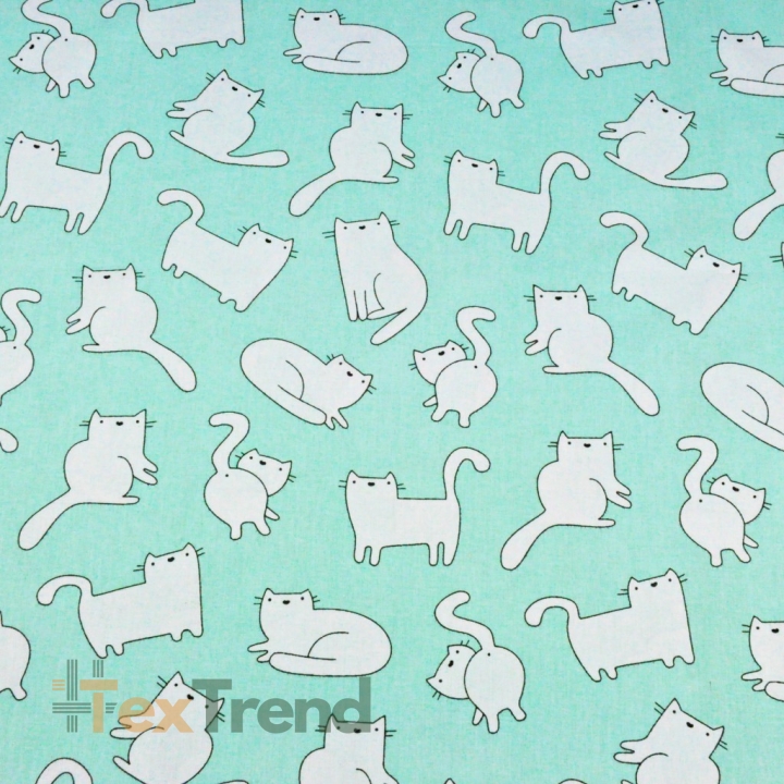 Baumwolle 100% Katzen weiß auf mintgrünem Hintergrund  
