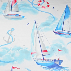 Baumwolle 100% Segelboote blau auf weißem Hintergrund  