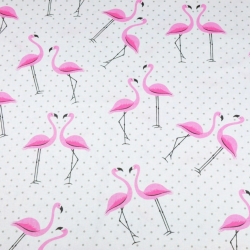 Baumwolle 100% Flamingos mit grauen Punkten auf weißem Hintergrund  