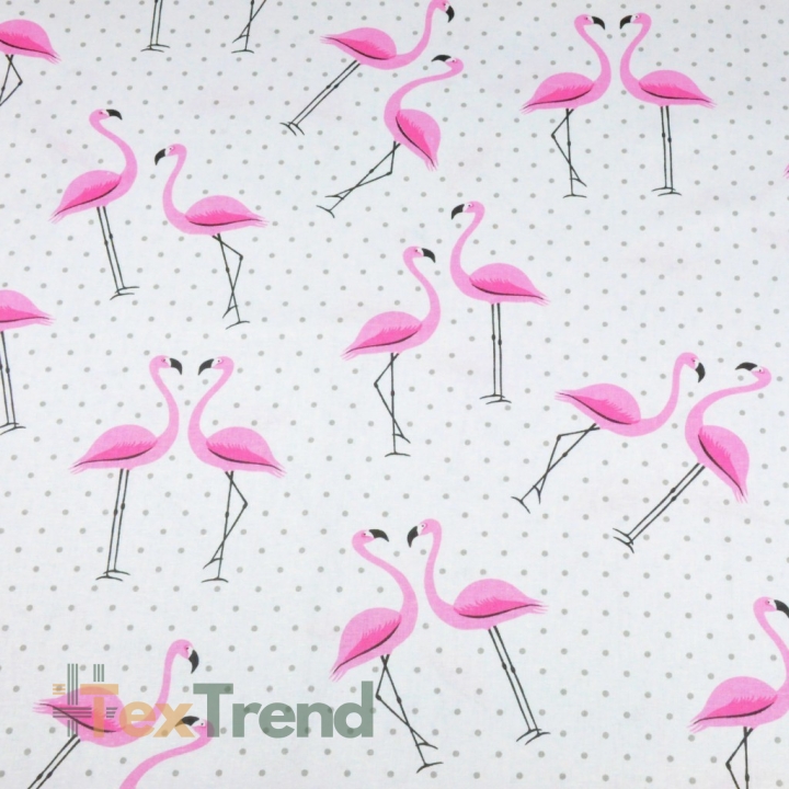Baumwolle 100% Flamingos mit grauen Punkten auf weißem Hintergrund  