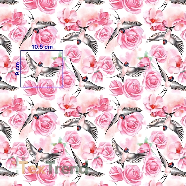 Baumwolle 100% Schwalben in Rosen auf weißem Hintergrund  