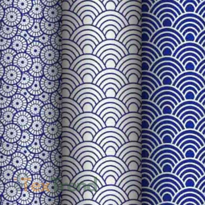Baumwolle 100% geometrische Rosette marineblau auf weißem Hintergrund  
