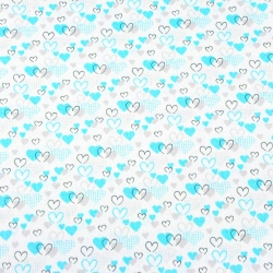 Baumwolle 100% MINI Herzchen türkis-grau auf weißem Hintergrund  