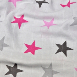 Baumwolle Musselin Sterne STARSY rosa-grau auf weißem Hintergrund  