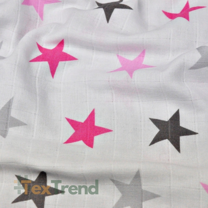 Baumwolle Musselin Sterne STARSY rosa-grau auf weißem Hintergrund  