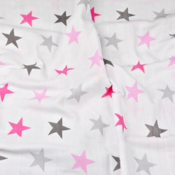 Baumwolle Musselin Sterne STARSY rosa-grau auf weißem Hintergrund  