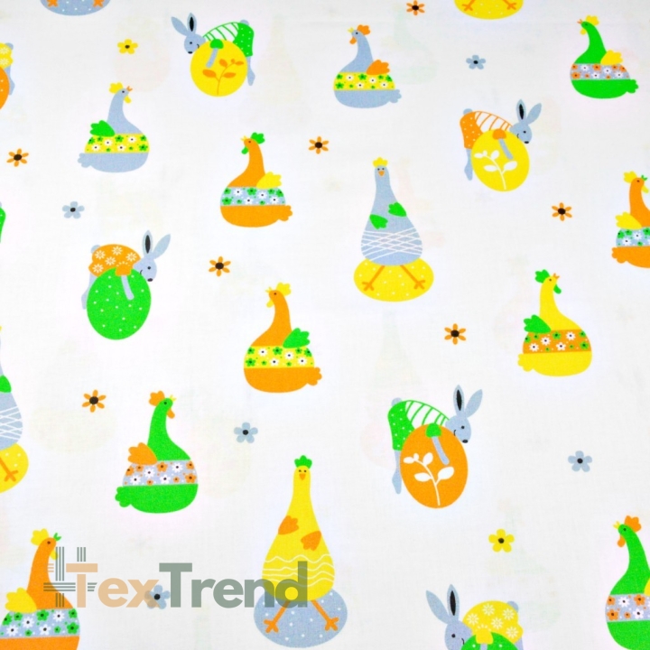 Baumwolle 100% Osterkaninchen und -enten auf weißem Hintergrund  