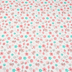 Baumwolle Musselin Wiese rosa-mint auf weißem Hintergrund  