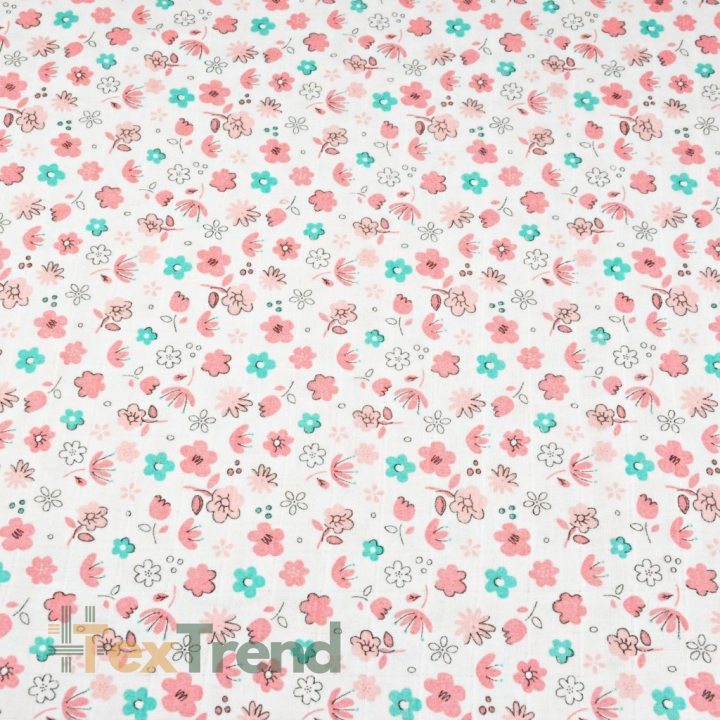 Baumwolle Musselin Wiese rosa-mint auf weißem Hintergrund  