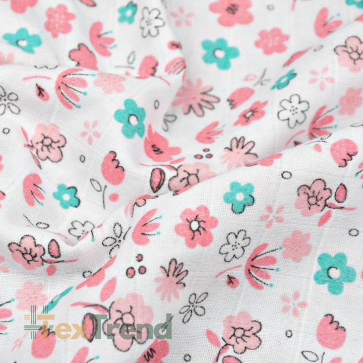 Baumwolle Musselin Wiese rosa-mint auf weißem Hintergrund  