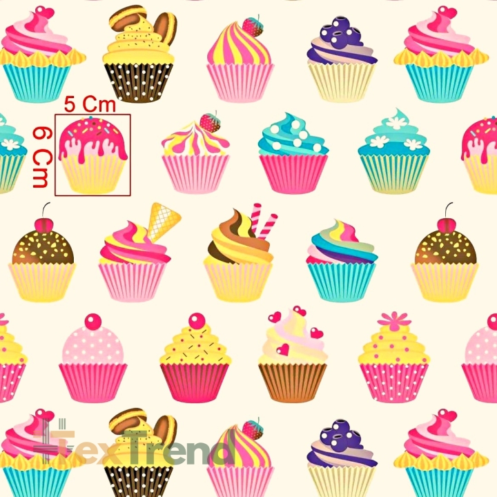 100% Baumwolle bunte Cupcakes auf ecrufarbenem Hintergrund  