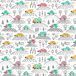 Baumwolle 100% bunte Autos auf einem Hügel auf weißem Hintergrund  