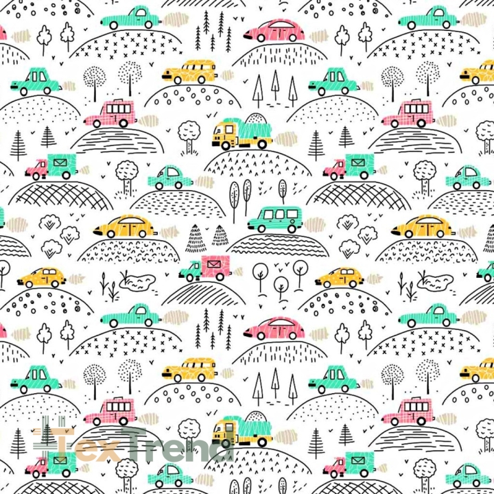 Baumwolle 100% bunte Autos auf einem Hügel auf weißem Hintergrund  