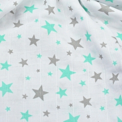 Baumwoll-Musselin mit grau-mintfarbenen Sternen auf weißem Hintergrund  