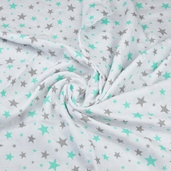 Baumwoll-Musselin mit grau-mintfarbenen Sternen auf weißem Hintergrund  