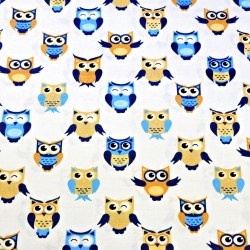 100% Baumwolle blau-beige Eulen auf weißem Hintergrund  