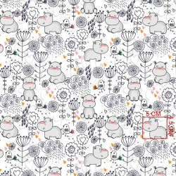 Baumwolle 100% Nilpferde mit Blumen auf weißem Hintergrund  