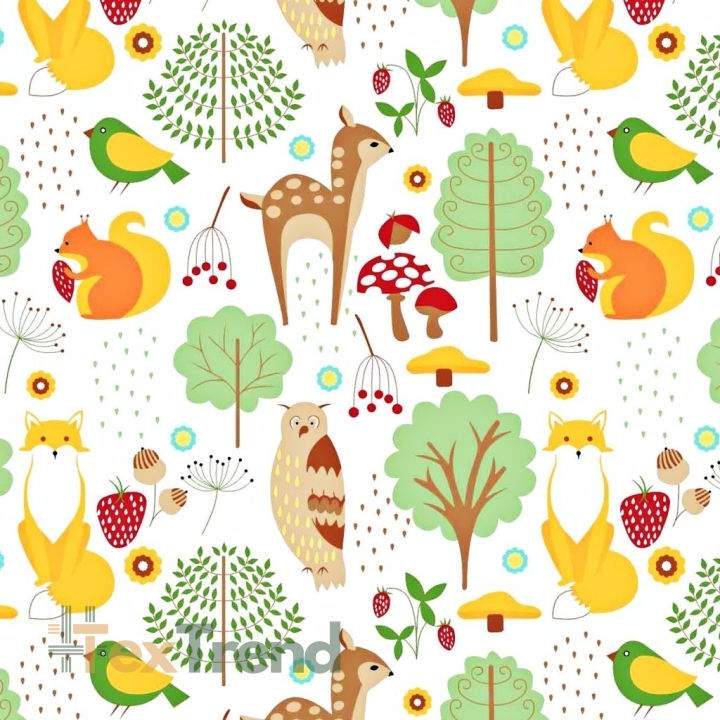 Baumwolle 100% bunte Waldtiere auf weißem Hintergrund  
