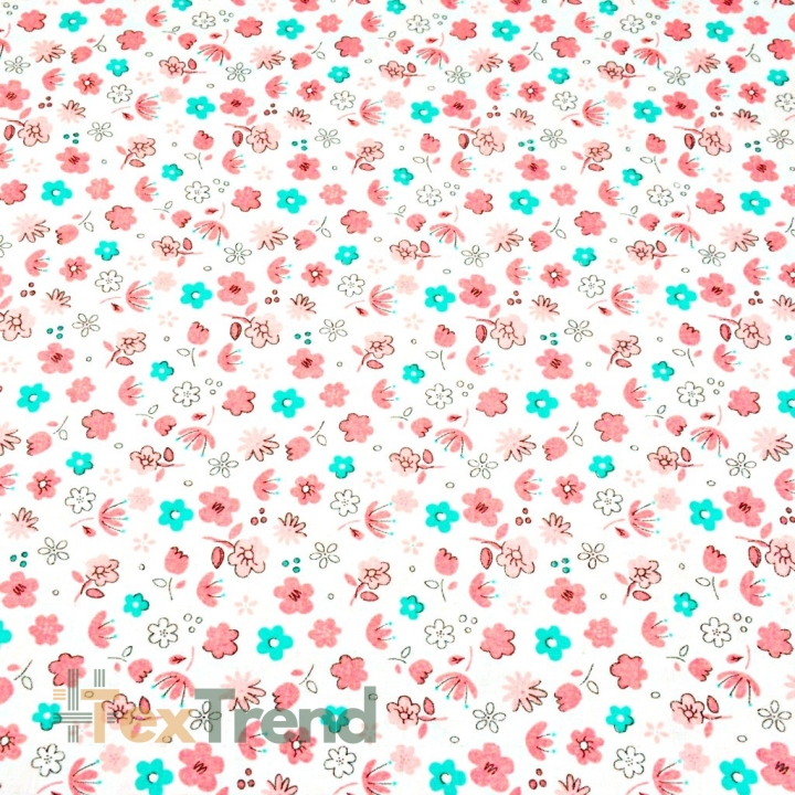 Baumwolle 100% Wiese rosa-mint auf weißem Hintergrund  