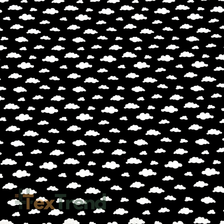 100% Baumwolle MINI weiße Wolken auf schwarzem Hintergrund  